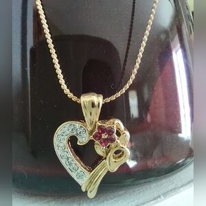 Gold Heart Pendant w/Red Crystal Flower